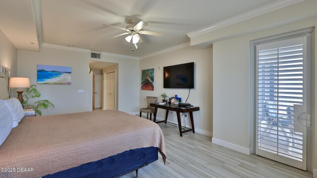 2403 S Atlantic Ave Unit 605, Daytona Beach, FL 32118 - bedroom with light wood finished floors, ornamental molding, baseboards, and ceiling fan