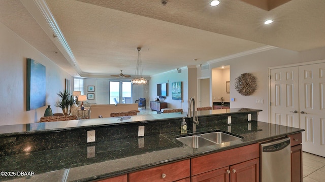 2403 S Atlantic Ave Unit 605, Daytona Beach, FL 32118 - kitchen featuring dishwasher, a sink, crown molding, open floor plan, and brown cabinets