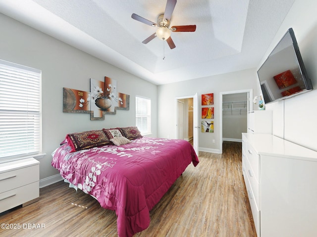 bedroom with a spacious closet, light hardwood / wood-style floors, ceiling fan, a tray ceiling, and a closet