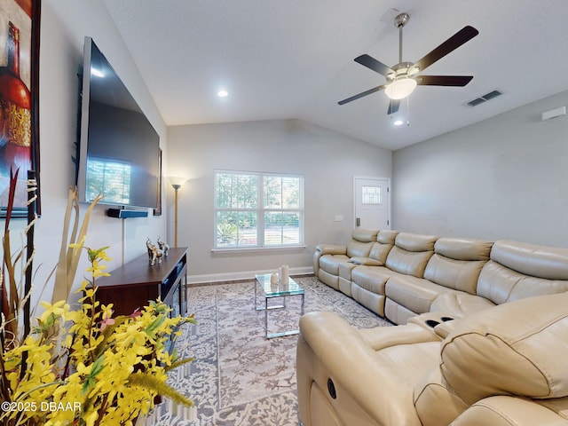 living room featuring lofted ceiling and ceiling fan