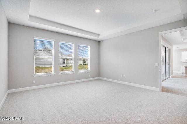 carpeted spare room with a raised ceiling