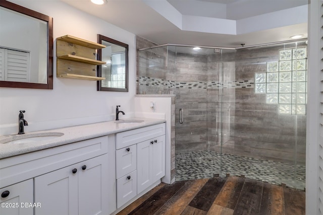 760 Trophy Hunter Trl, New Smyrna Beach, FL 32168 - bathroom with a sink, double vanity, wood-type flooring, and a shower stall