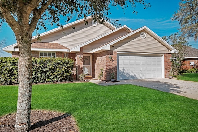 ranch-style house featuring a garage, driveway, brick siding, and a front lawn