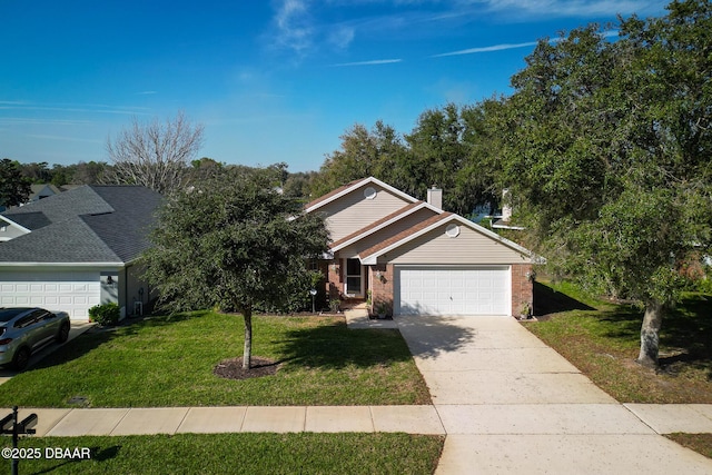 view of front of house with a garage, brick siding, concrete driveway, a chimney, and a front yard