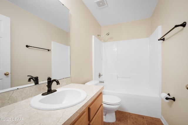 bathroom featuring shower / bathtub combination, visible vents, toilet, vanity, and tile patterned flooring