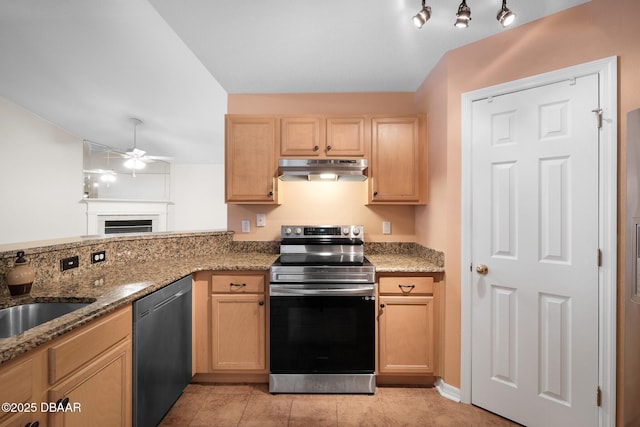 kitchen featuring a ceiling fan, appliances with stainless steel finishes, light stone counters, under cabinet range hood, and a sink