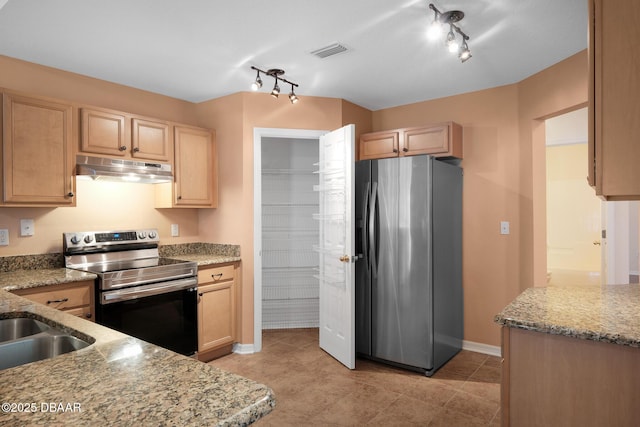 kitchen featuring visible vents, appliances with stainless steel finishes, light stone counters, under cabinet range hood, and light brown cabinets