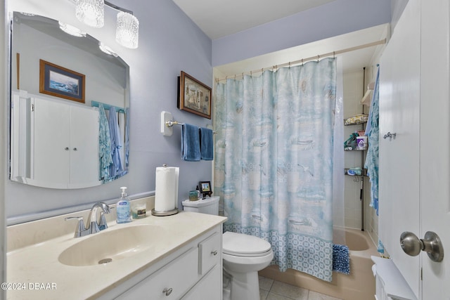 full bathroom with toilet, vanity, shower / bath combination with curtain, and tile patterned floors