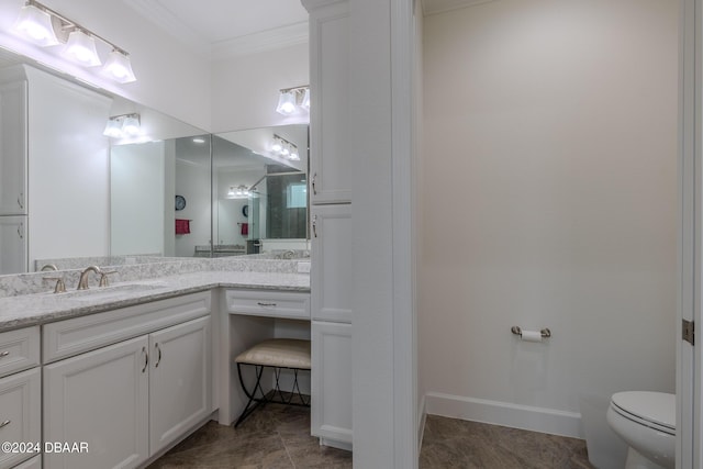 1124 Sea Shell Ct, Daytona Beach, FL 32124 - full bathroom with toilet, vanity, crown molding, a shower with shower door, and baseboards