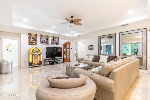 1124 Sea Shell Ct, Daytona Beach, FL 32124 - living room featuring a raised ceiling, light marble finish floors, ceiling fan, recessed lighting, and ornamental molding