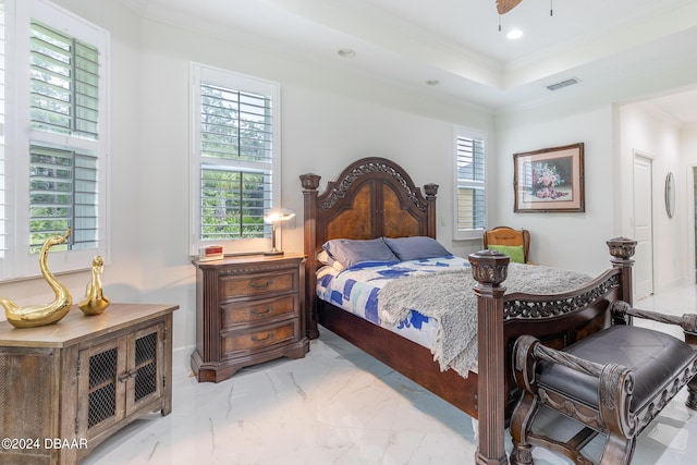 1124 Sea Shell Ct, Daytona Beach, FL 32124 - bedroom featuring multiple windows, crown molding, marble finish flooring, recessed lighting, and a tray ceiling