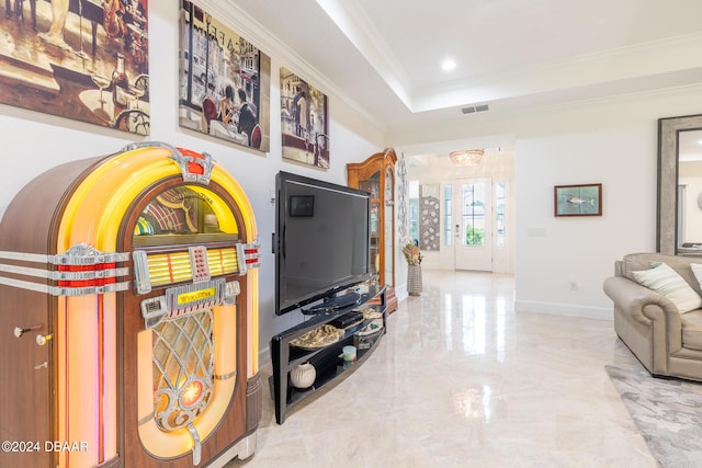 1124 Sea Shell Ct, Daytona Beach, FL 32124 - living area with marble tiled flooring, crown molding, baseboards, and a raised ceiling