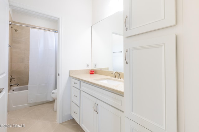 full bathroom featuring vanity, shower / bath combo, tile patterned floors, and toilet