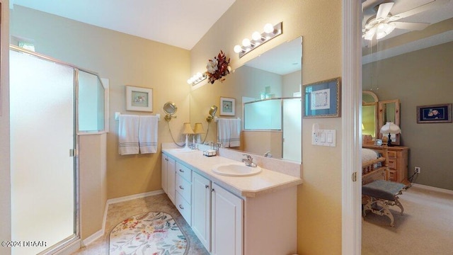 bathroom featuring vanity and ceiling fan