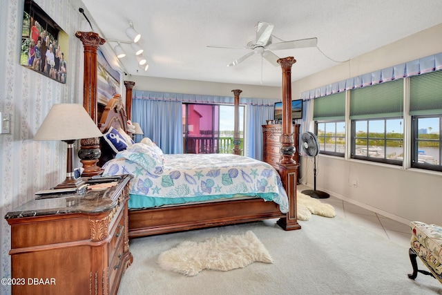 bedroom featuring ceiling fan, multiple windows, track lighting, and light colored carpet