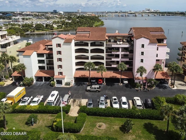 aerial view featuring a water view