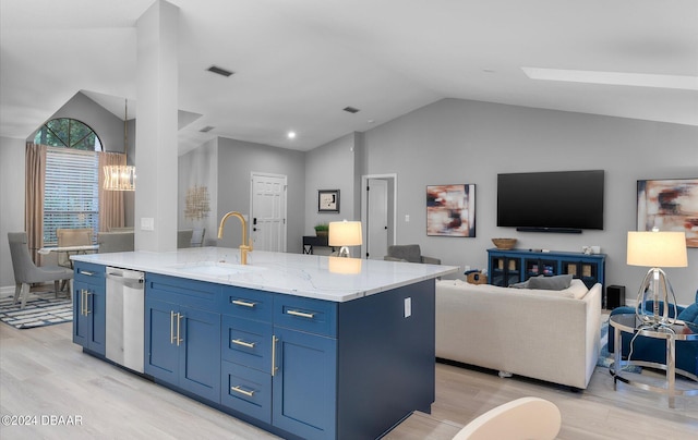 4791 S Peninsula Dr, Ponce Inlet, FL 32127 - kitchen with a sink, light wood-style floors, open floor plan, stainless steel dishwasher, and vaulted ceiling