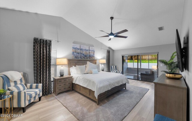 4791 S Peninsula Dr, Ponce Inlet, FL 32127 - bedroom featuring visible vents, ceiling fan, high vaulted ceiling, access to outside, and light wood-style flooring