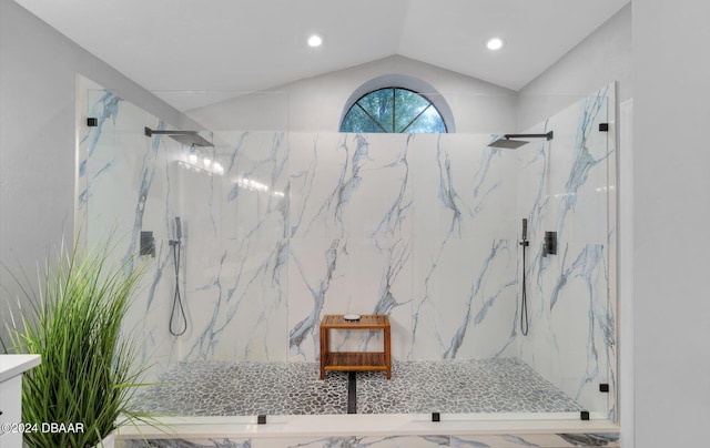 4791 S Peninsula Dr, Ponce Inlet, FL 32127 - full bath with a marble finish shower, vaulted ceiling, and recessed lighting