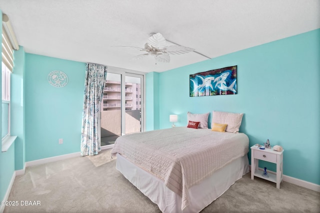 bedroom with light carpet and ceiling fan