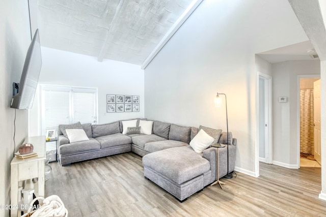 living room featuring light wood-type flooring and high vaulted ceiling