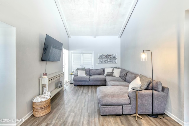 living room featuring wood-type flooring and vaulted ceiling