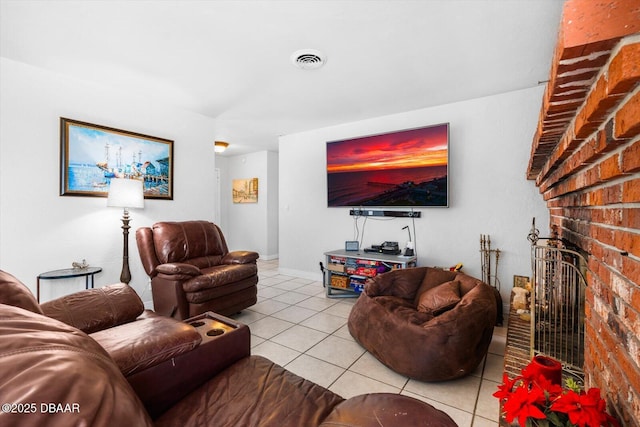 153 University Cir, Ormond Beach, FL 32176 - living room featuring light tile patterned floors and a brick fireplace