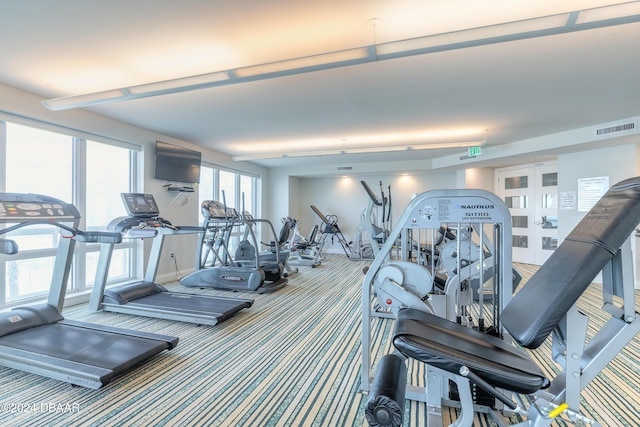 workout area with carpet floors, baseboards, and visible vents
