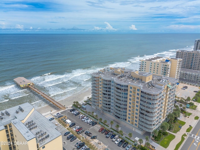 aerial view with a water view and a view of the beach