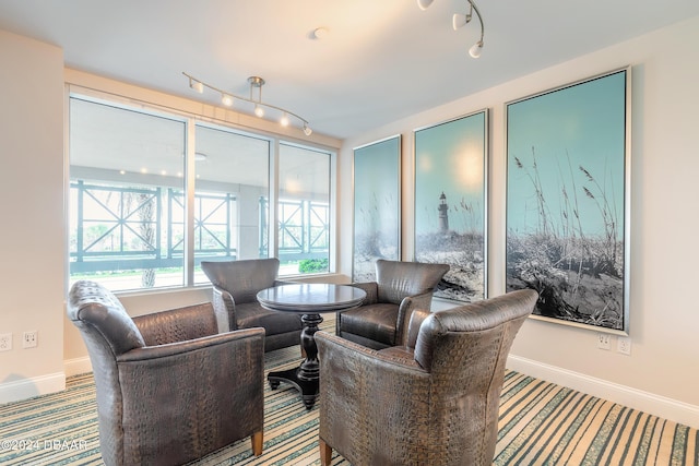 sunroom featuring rail lighting