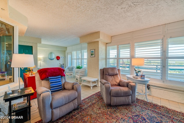 living room with a wealth of natural light and a textured ceiling