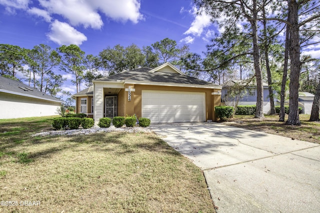 ranch-style house featuring a garage and a front lawn