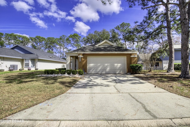 single story home with a garage, central AC, and a front lawn