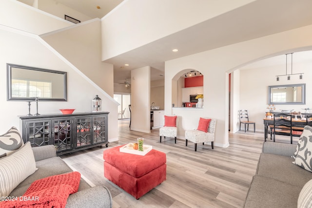 living room with light hardwood / wood-style floors, a high ceiling, and plenty of natural light