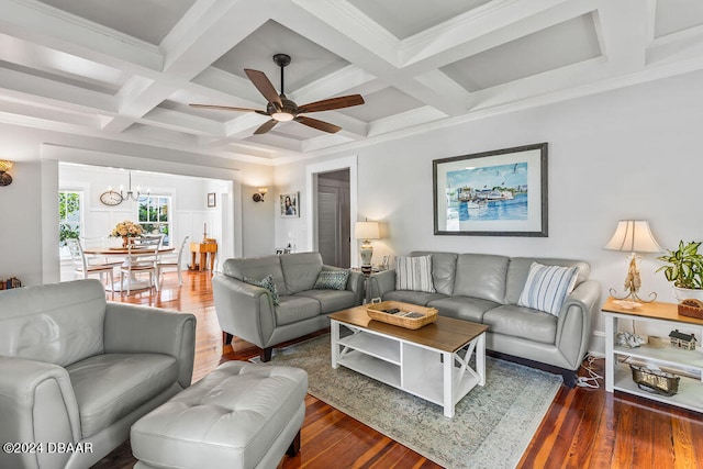 509 Faulkner St, New Smyrna Beach, FL 32168 - living room featuring ornamental molding, dark hardwood / wood-style floors, beam ceiling, ceiling fan with notable chandelier, and coffered ceiling