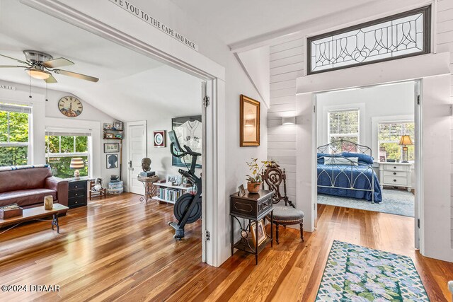 509 Faulkner St, New Smyrna Beach, FL 32168 - hall featuring hardwood / wood-style floors and lofted ceiling