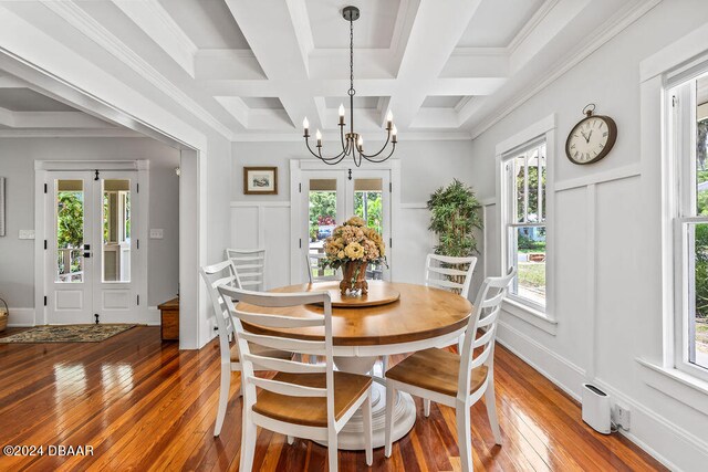 509 Faulkner St, New Smyrna Beach, FL 32168 - dining room with beamed ceiling, wood-type flooring, plenty of natural light, and coffered ceiling