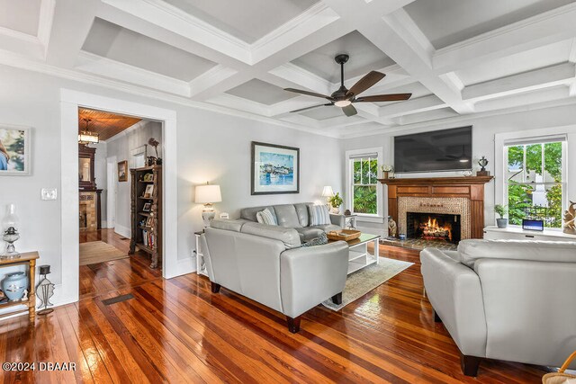 509 Faulkner St, New Smyrna Beach, FL 32168 - living room with a fireplace, dark hardwood / wood-style floors, plenty of natural light, and beam ceiling