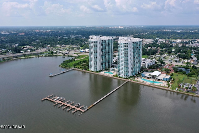 drone / aerial view featuring a water view