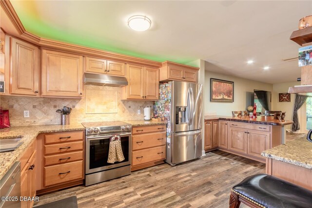 kitchen featuring sink, stainless steel appliances, dark hardwood / wood-style flooring, ventilation hood, and decorative backsplash