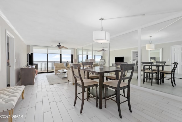 dining space featuring expansive windows, ceiling fan, ornamental molding, and light hardwood / wood-style flooring