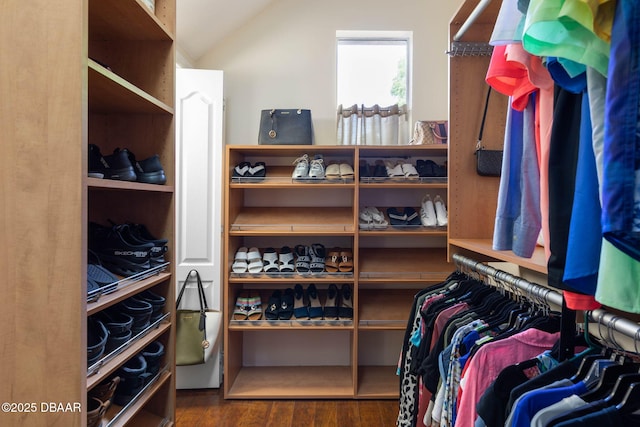 walk in closet with lofted ceiling and wood finished floors