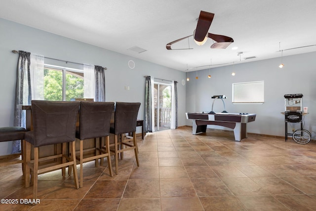 playroom with billiards, baseboards, a ceiling fan, and a dry bar