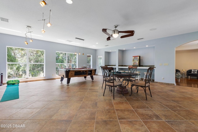 recreation room featuring billiards, ceiling fan, visible vents, and recessed lighting