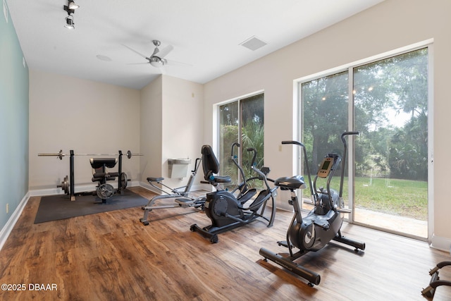 exercise room with ceiling fan, baseboards, visible vents, and wood finished floors