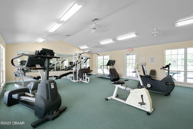 gym featuring lofted ceiling, carpet flooring, baseboards, and visible vents