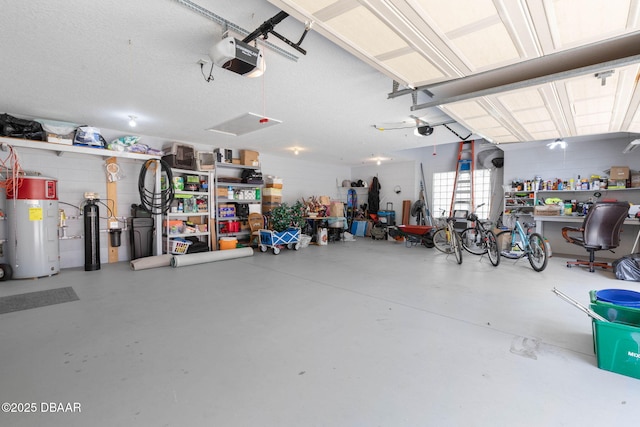 garage featuring water heater and a garage door opener