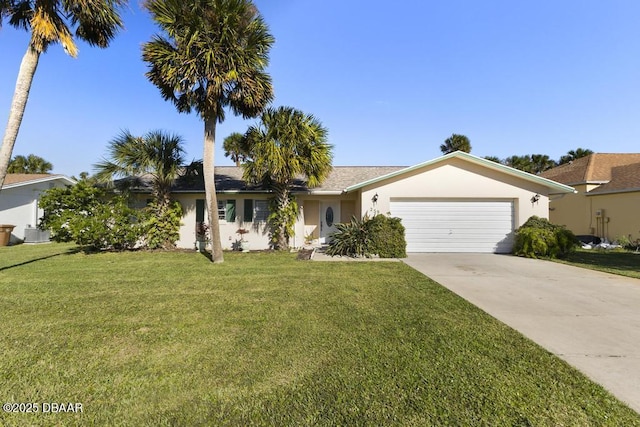 ranch-style house with a front yard and a garage