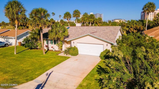 single story home featuring a front yard and a garage