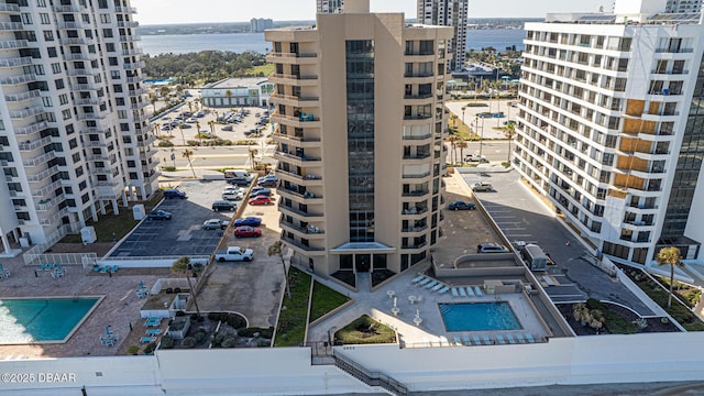 exterior space with a water view